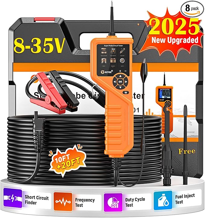 KZYEE KM601 Power Circuit Probe Kit, 12V-24V Automotive Circuit Tester with Battery Test, Multimeter, Oscilloscope, Fuel Injector, Short Circuit Finder, Component Activator, Current Probe, 30FT Cable