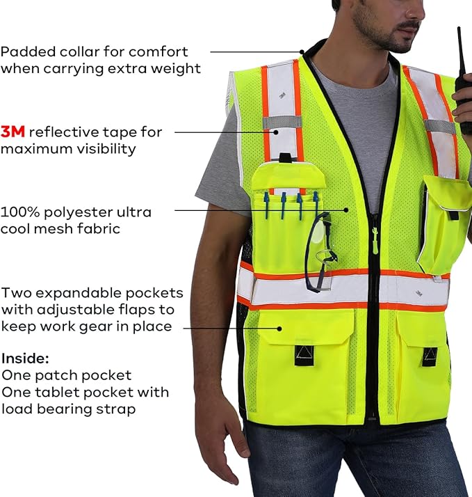 Neopelta Reflective Safety Vest Yellow Mesh, Made with 3M Reflective Tape, Heavy Duty Vest with ID pocket, Padded Neck, Yellow 2XL
