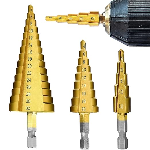 3 Pcs Straight Grooved Step Drill Bit Set, High Step Steel Titanium Drill Bits Set Power Tools 4-12/4-20/4-32mm Hex Shank Drive, HSS Cut Tool Set for Metal Wood Steel DIY Plastic