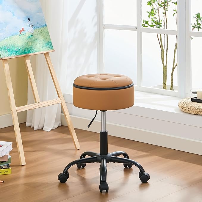 Drafting Chair with Wheels (Stool & Small Table in One) (Adjustable Office Chair 20.67"-24.61"), Caramel Brown Rolling Stool with Storage