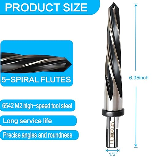 3/4” Bridge Construction Reamer Drill Bit, M2 HSS Taper Chucking Reamer for Steel Alloy Metal Wood Plastic, 1/2" Non-Slip Shank, 5-Spiral Flutes Car Reamer, to Align or Enlarge Holes, 19mm