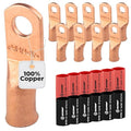 SELTERM 10pcs - 4 Awg - 1/4" Stud - Battery Lugs - Ring Terminal Connectors | with 12pcs 3:1 Black & Red Heat Shrink Tubing with Adhesive | Heavy Duty Battery Cable Ends - Bare Copper Wire Lugs Kit