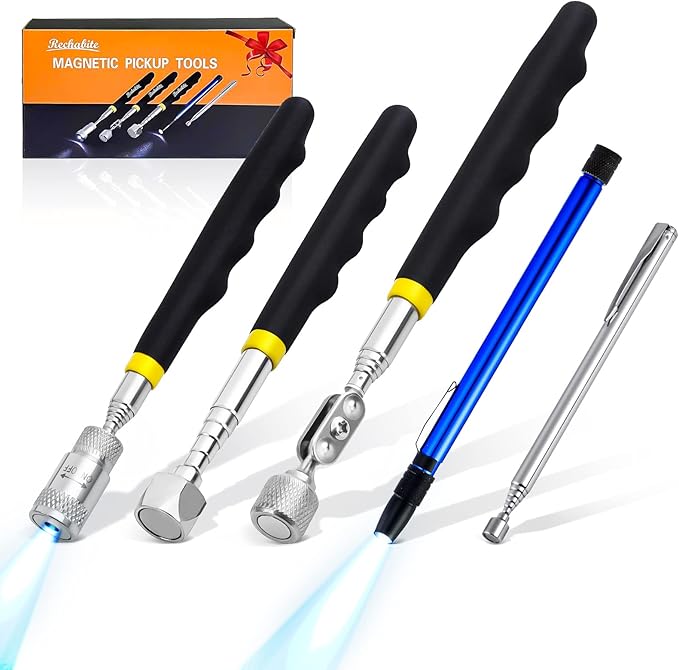 5 Pieces Telescoping Magnetic Pickup Tool Set, 1.5LB 15LB Pick-up Rod, 3.5LB 8LB Tools with LED Light, 10LB 360° Swivel Picker, Strong Magnet Stick Kit for Men Father Gift