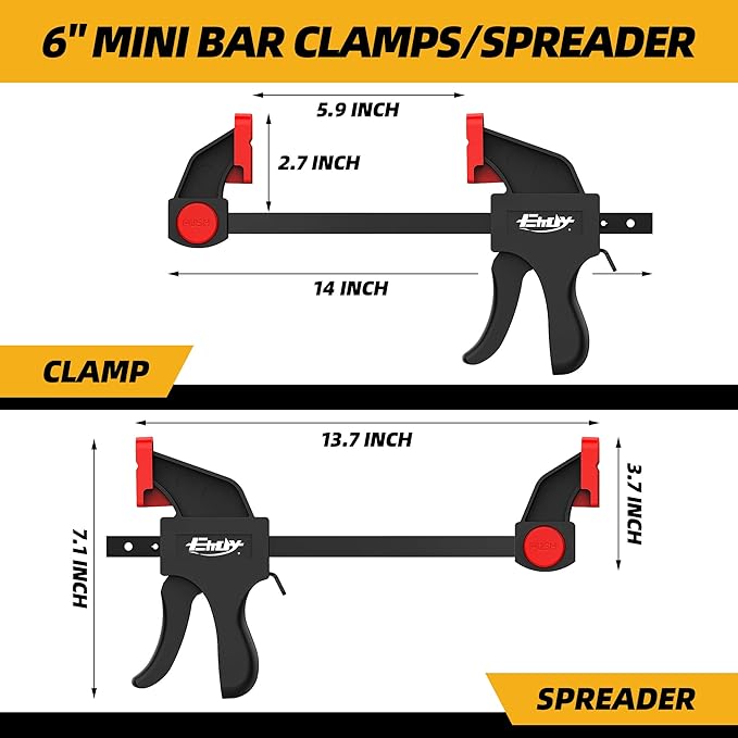 6" Bar Clamps for Woodworking, Medium 170 lbs One-Handed Spreader/Clamp, Light-Duty Quick-Clamp F Wood Clamps Set for Hand Wood Working Crafts Grip Gluing - 4 Pack