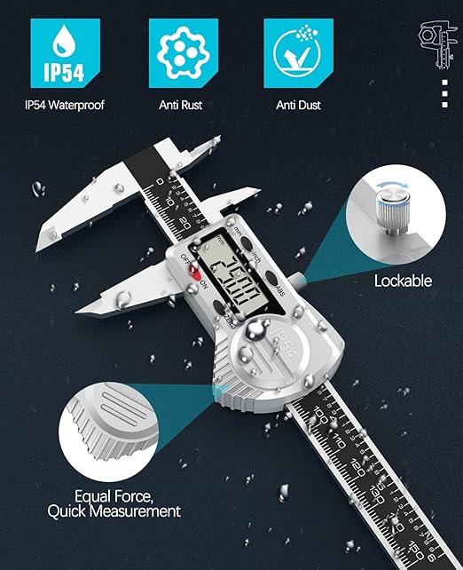Digital Caliper 12 inch, (ABS) Absolute Scale Caliper, IP54 Caliper Measuring Tool, Inch/MM, Auto-Off LCD Stainless Steel Waterproof Micrometer Vernier Caliper, with Steel Ruler, Silver