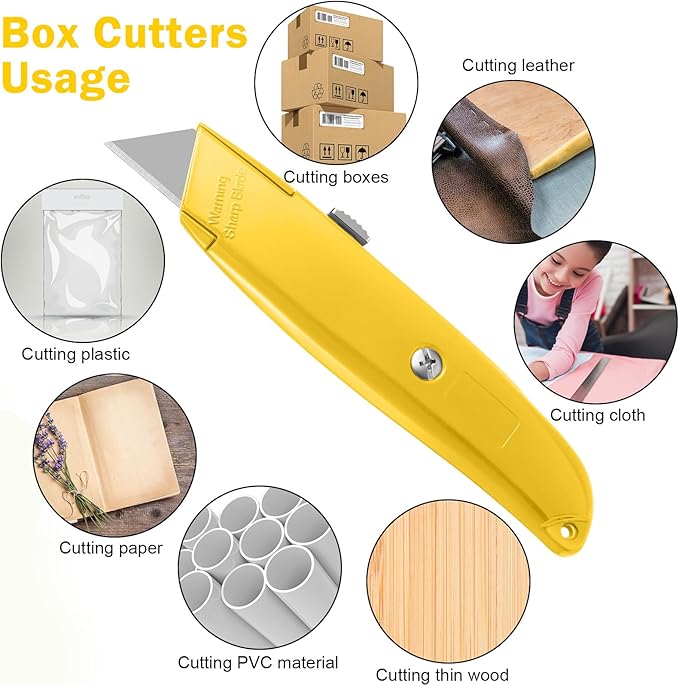 Reginary 30 Pcs Box Cutter Bulk Retractable Blade Utility Knife Heavy Duty Aluminum Alloy Razor Shell Knife for Cartons, Cardboard and Boxes, DIY, Factory, Home(Yellow)