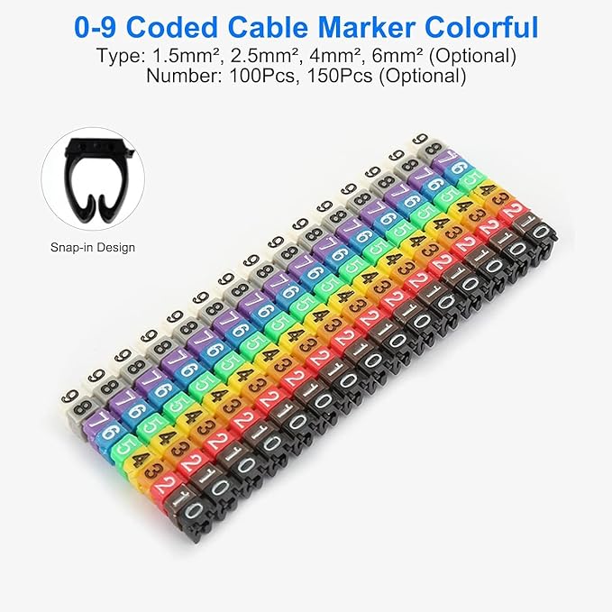 100Pcs Digital Tube Wire Labels Cable Markers Plastic Clip-On Colorful Numbered 0-9 C-Shape for Multi-Type Cables (4mm²)