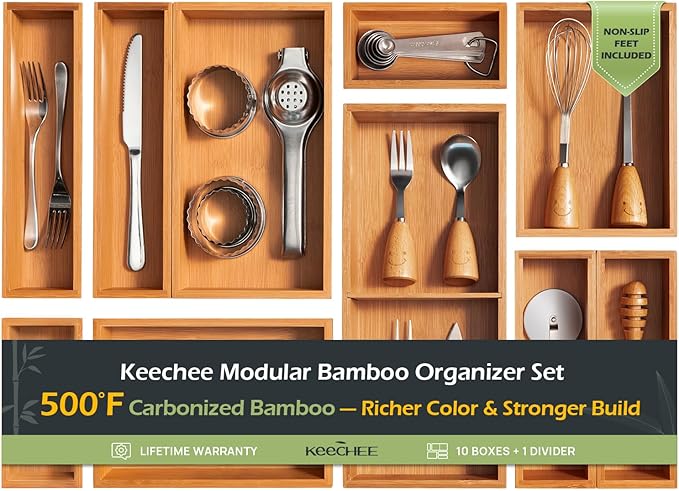 10-Piece Bamboo Drawer Organizer Set, 2.2" Deep | Multi-Use Organizers for Utensils, Silverware, Cutlery, Desk, Bathroom, Junk Drawer & Makeup, Non-Slip Feet Included.