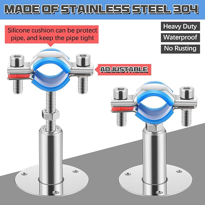 12 Pcs 304 Stainless Steel Wall Mount Ceiling Mount Pipe Supports Bracket, Suitable for OD 3/4"(25-28mm), Adjustable Height 50-100mm, Adjustable Pipe Strap Clamp with Screws and Screwdriver