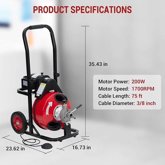 Auto Feed 75 FT x 3/8 Inch Drain Cleaner Machine with 200W Motor, Portable Sewer Snake Auger with 8 Cutters & Air-activated Foot Switch, Fits 1" to 4" Pipes, Black & Red