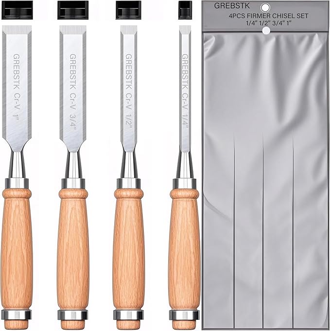 GREBSTK 4 Pcs Wood Chisel Set, CRV Steel Bevel Sharp Edge Bench Chisels with Canvas Bag, Comfortful Beech Handle, for Woodworking and DIY Projects, 9.5"x(1/4", 1/2", 3/4", 1")