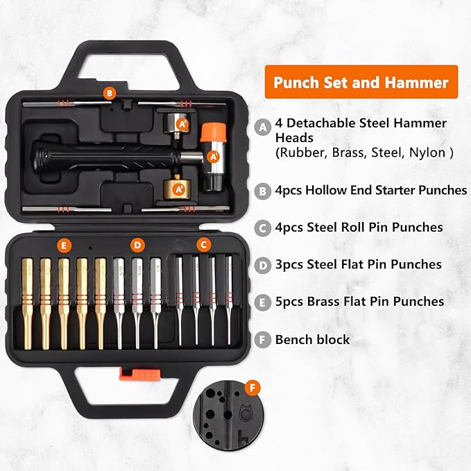 Pridefend Punch Set,Brass Punch Set and Roll Pin Punch Set Made of Solid Material Including Steel Pin Punch Set and Bench Block, Hammer with Detachable Heads,Punch Set with Portable Storage Case