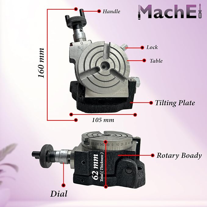 MachEl 3" Tilting Rotary Table with 65mm Self-Centering 3-Jaw Chuck, Back Plate, T-Nuts, Bolts & Tailstock - Precision Milling & Engineering Tool