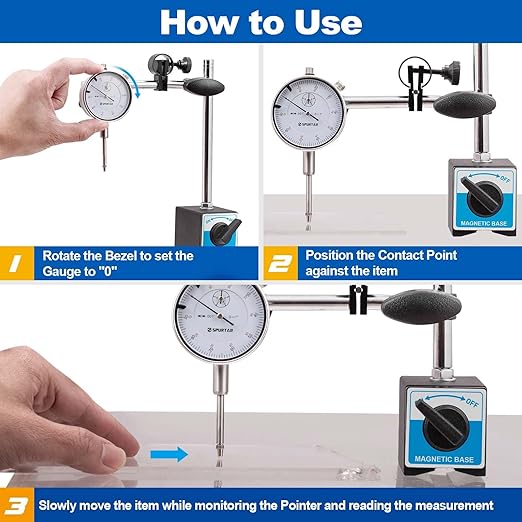 Spurtar Dial Indicator with Magnetic Base 0-1'' Dial Test Indicator 0.001'' Precision Dial Indicator Adjustable Long Arm Magnetic Dial Indicator for Accurate Alignment, Measurement, and Inspection