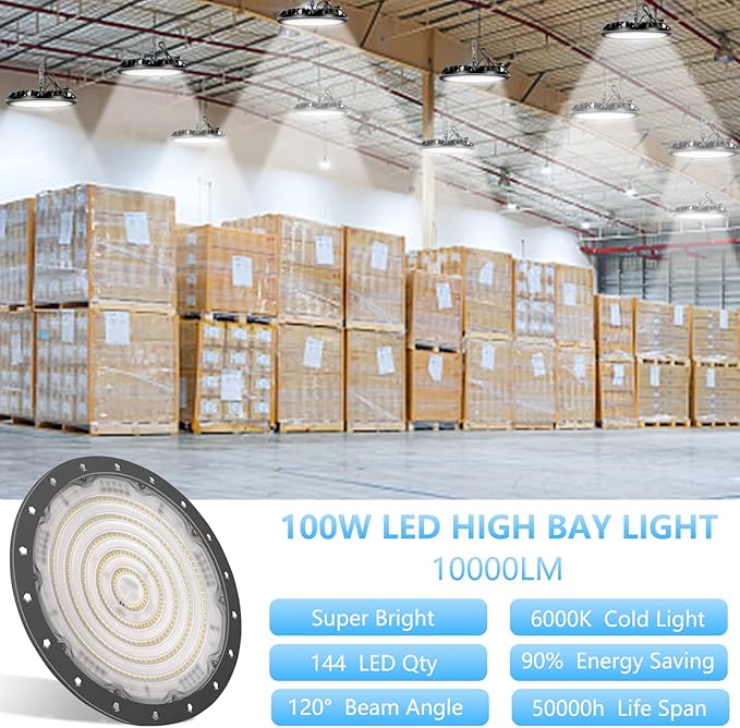loyal 100W UFO High Bay Light 4 Packs, 10000LM LED High Bays Shop Lights, 6000K Daylight Bay Lighting with 1.2M Cable US Plug, Commercial High Bay or Warehouse Workshop Garage Factory