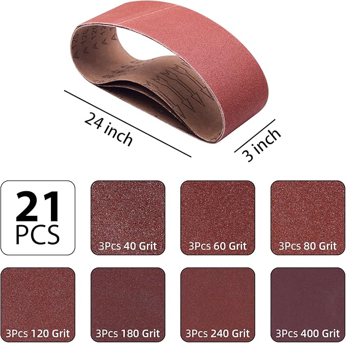 21 Pcs 3 x 24 Inch Aluminum Oxide Sanding Belt,3 Each of 40/60/80/120/180/240/400 Grits 3 x 24 Abrasive Belts for Belt Sander,Ideal for Wood Metal Paint Sanding