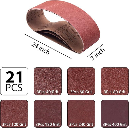 21 Pcs 3 x 24 Inch Aluminum Oxide Sanding Belt,3 Each of 40/60/80/120/180/240/400 Grits 3 x 24 Abrasive Belts for Belt Sander,Ideal for Wood Metal Paint Sanding