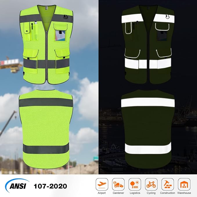 TCCFCCT Mesh High Visibility Safety Vest for Men Women 9 Pockets Hi Vis Reflective Vest for Safety, Work Vest with Reflective Strips, Meets ANSI/ISEA Standards, (Yellow, 5X-Large)