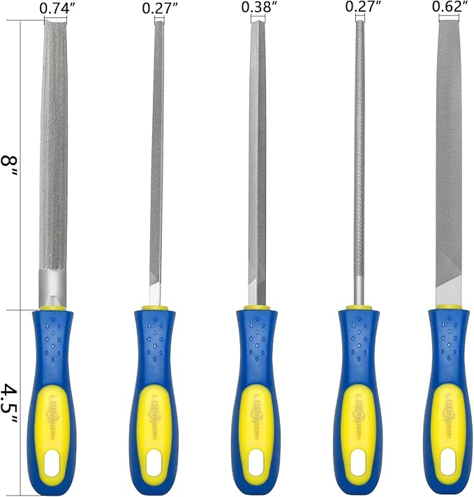 YKLP Needle File Set (Carbon Steel 5 PCS) Hardened Alloy Strength Steel - Set Includes Flat, Square, Triangular, Round, and Half-Round File(8'' Total Length)