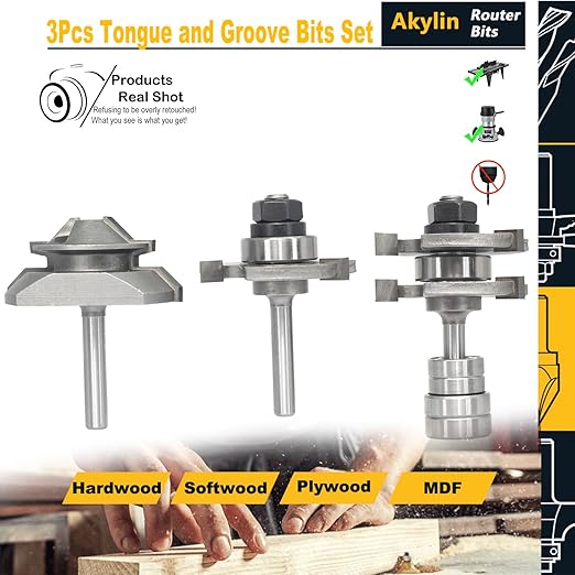 3Pc Tongue and Groove Router Bit Set 1/4 Shank,45 Degree Lock Miter Bit,3 Teeth T Shape Glue Joint Cutter,in Aluminum Case for Wood Cabinet Door/Board Tabletops/Strip Flooring Making