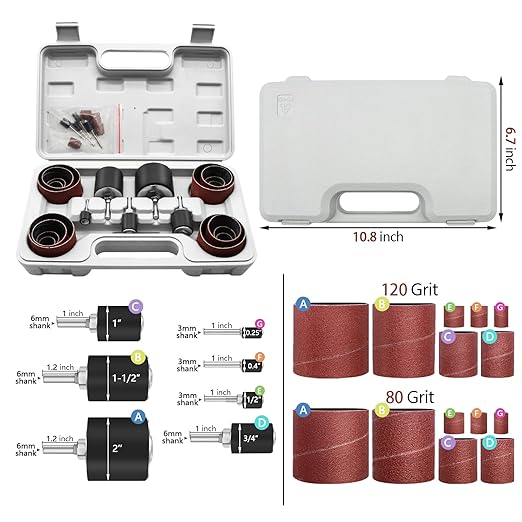 VIBRATITE 37 Pieces Drill Press Sanding Drum Kit, 80 and 120 Grit Spindle Sander Sleeves with Tool Carrying Case for Rotary Tools, Power Drill, Woodworking, Paint, Metal Surfaces Polishing Jobs