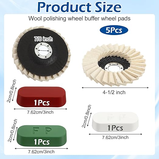 8 Pcs Wool Polishing Wheel Disc and Polishing Compounds Set Includes 5 Thicken Arbor Buffing Wheel 3 Buffing Compound 4 1/2 x 7/8 Inch Felt Flap Disc for Angle Grinder, Multi Surface