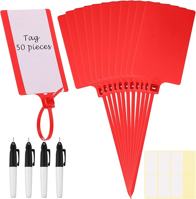 Pajean Waterproof Plastic Tags with Marker Pens and Sticker Labels, Self Locking Bag Writable Tags with Wire Cable Ties for Luggage(Red,50 Pieces)