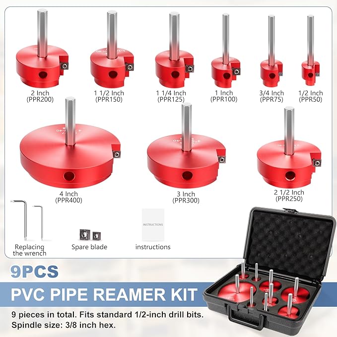 9 Pcs PVC Pipe Reamer Kit, PVC Fitting Saver, Reamer Fit into Standard 1/2" Drills Contains 1/2 inch, 3/4 inch, 1 inch, 1-1/4inch,1-1/2inch, 2inch, 2 1/2 2inch, 3inch, 4inch for SCH40, ABS