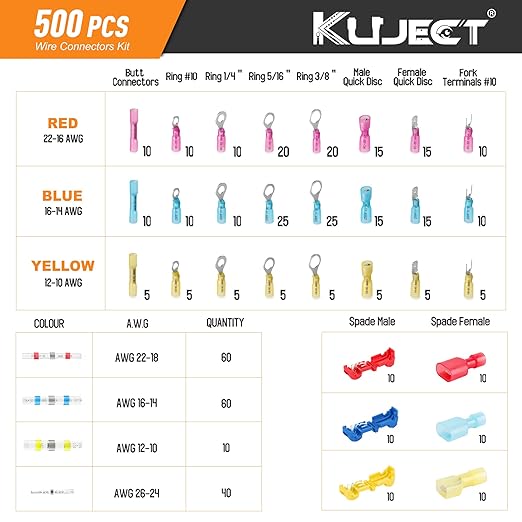 Kuject 500PCS Multipurpose Heat Shrink Wire Connectors Waterproof Electrical Crimp Connector Assortment Kit, Insulated Ring Fork Spade T-Tap Solder Butt Splice Terminal for Automotive Marine Boat