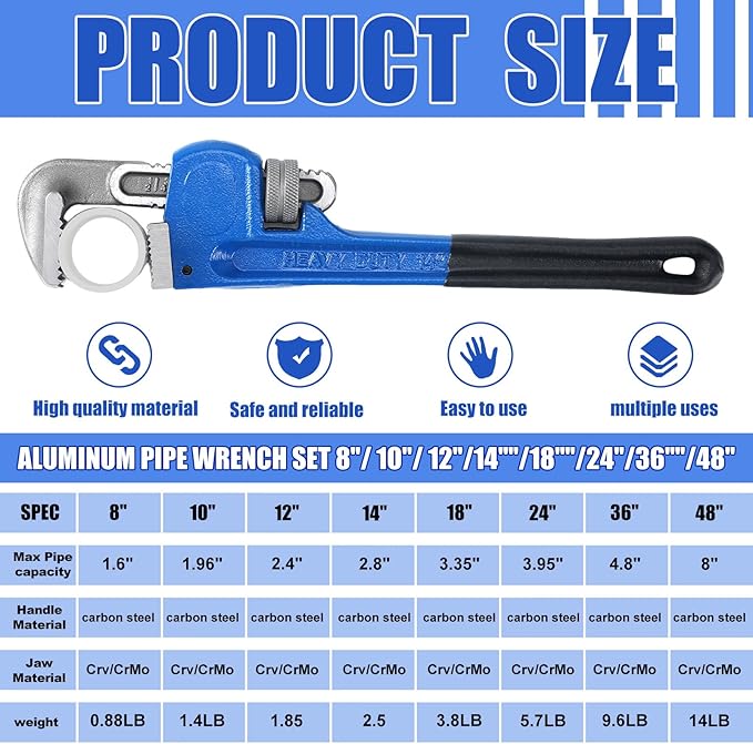 Gisafai 8'' 10'' 12'' 14'' 18'' 24'' 38'' 48'' Straight Heavy Duty Pipe Wrench Set Plumber Adjustable Water Alloy Steel Grip Plumber's Wrench Plumbing Tools, Blue