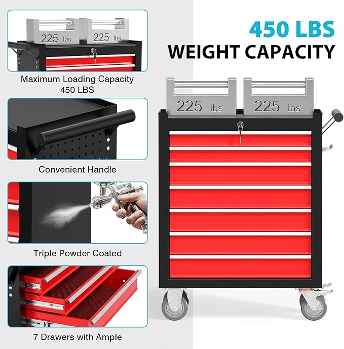 7 Drawers Metal Rolling Tool Chest, Portable Storage Rolling Tool Box, Toolbox on Wheels for Warehouse, Garage, Repair Shop and Tool Room