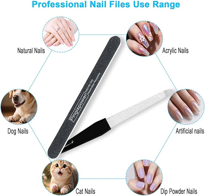 Nail Files Set, 14PCS Professional Metal Nail File & Emery Boards for Natural Nails (100/180 Grit), Double Sided Reusable & Washable Manicure Kit for Women, Home & Salon