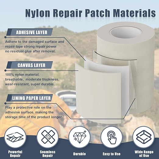 3x79 Inch Nylon Repair Patch Nylon Repair Tape Self Adhesive Fabric Tapes Outdoor Camping Gear Fabric kit for Tent, Umbrella, Down Jackets, Sleeping Bag, Knapsack（Light Brown）