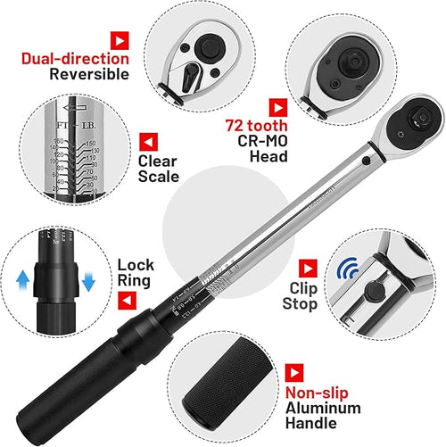 1/2-Inch Drive Click Torque Wrench Set, 10-160 FT-LB/13.6-217Nm, Dual-Direction Adjustable 72-Tooth Torque Wrench Kit with Extension Bar, Socket Set-8PCS Black