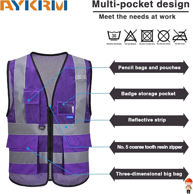 A-SAFETY High Visibility Mesh Safety Reflective Vest with Pockets and Zipper,Hi Viz Work Vest for Men Women (Purple Mesh XXL)