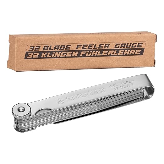 Spurtar Feeler Gauges 0.001-0.04" (0.03-1.00mm) 32 Blades Tapered Feeler Gauge Set Stainless Steel Dual Marked SAE and Metric for Measuring Gap Thickness or Width for Spark Plug, Valve, Piston, Guitar