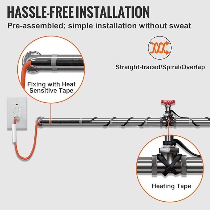 VEVOR Self-Regulating Pipe Heating Cable, 9FT 5W/FT Heat Tape for Pipes Freeze Protection, Water Pipe Heat Cable with Built-in Thermostat Protects PVC Hose, Metal and Plastic Pipe from Freezing