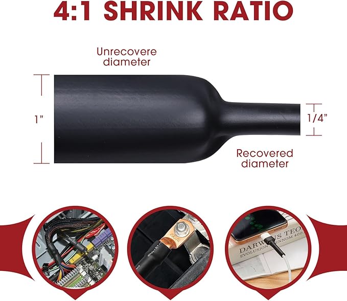 Heat Shrink Tubing 4:1 Dual Wall Adhesive Liner Wires Cable Wraps Connection Protection (Black, 1"-18ft)