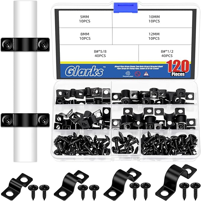 Glarks 120pcs 5/8/10/12mm Pipe Strap Clamp, Black Carbon Steel 2 Hole Strap Heavy Duty Rigid Pipe Strap U Bracket Tube Strap Cable Clamp Hanger Tension Tube Clip with screw for Pipe Tube Cable Fixing