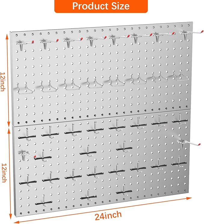TORACK Metal Pegboard Wall Organizer 24" x 24" or 12" x 48", 70PCS Tools Storage Pegboard for Garage Peg Board Tool Organizer Board with Hooks for Workbench(Grey)