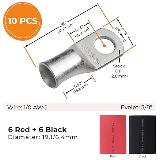 SELTERM 10pcs - 1/0 Awg - 3/8" Stud - Battery Lugs - Ring Terminal Connectors with 12pcs 3:1 Black & Red Heat Shrink Tubing with Adhesive | Heavy Duty Battery Cable Ends - Tinned Copper Wire Lugs Kit
