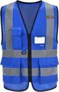 A-SAFETY Blue High Visibility Reflective Safety Vest,Hi Vis Bright Neon Color with 4 Reflective Strips 8 Pockets,X-Large