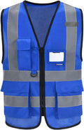 A-SAFETY Blue Safety Vest Reflective Work Vest,Hi Vis Bright Neon Color with 4 Reflective Strips 7 Pockets,XXL