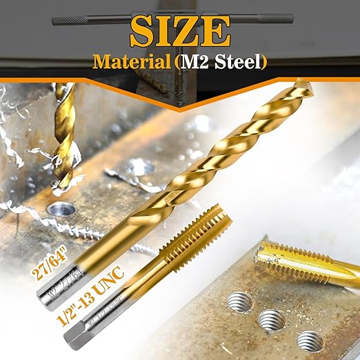 1/2"-13 UNC Tap and 27/64" Drill Bit Kit, M2 HSS Drill and Tap Set, Combination of Drill and Tap Kit for Metal