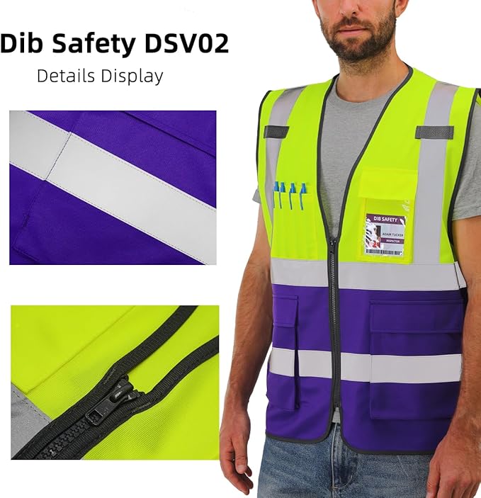 Dib Safety Reflective Vest High Visibility with Pockets and Zipper, Yellow and Purple 2XL