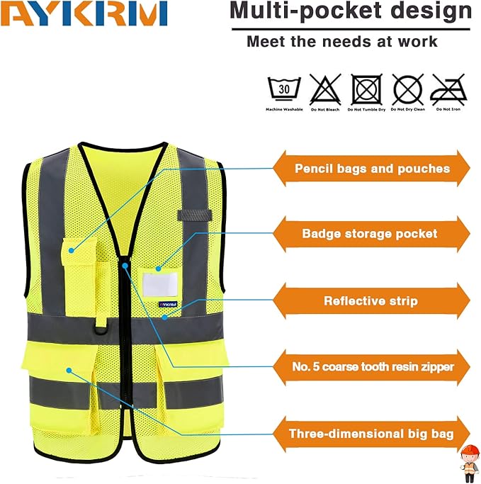 A-SAFETY 6XL 7XL 8XL High Visibility Mesh Safety Reflective Vest with Pockets and Zipper (Yellow Mesh 6XL-8XL)