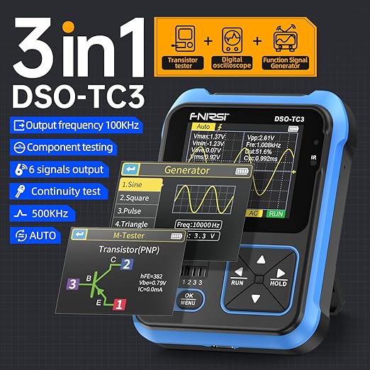 FNIRSI DSO-TC3 Oscilloscope - 3-in-1 Handheld Oscilloscope & DDS Signal Generator & Transistor Tester, 500Khz Bandwidth 10MSa/s Sampling Rate, 6 Types of Waveforms, Transistors Measure