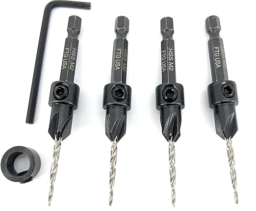 FTG USA Adjustable Wood Countersink Drill Bit Set 4 Pc #4 (7/64") with Tapered Drill Bit for Woodworking
