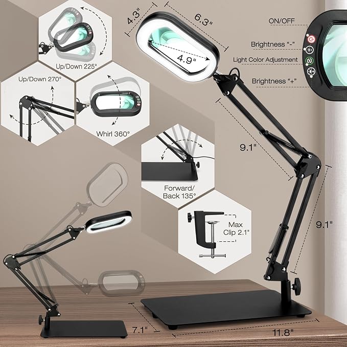 10X Square Magnifying Glass with Light and Stand, Real Glass Lighted Magnifier Hands Free, 5 Color Modes, Brightness Stepless Dimming, 2-in-1 Desk Lamp with Clamp for Close Work, Craft, Hobby, Reading