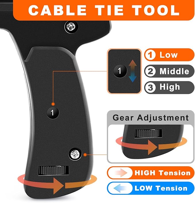 Zhushan Fastening Tie Wrap Gun with Adjustable Tension and Built-In Flush Cutter for 0.09-0.19 inch Nylon Cable Tie Tightening - Professional Grade Cable Zip Tie Tool